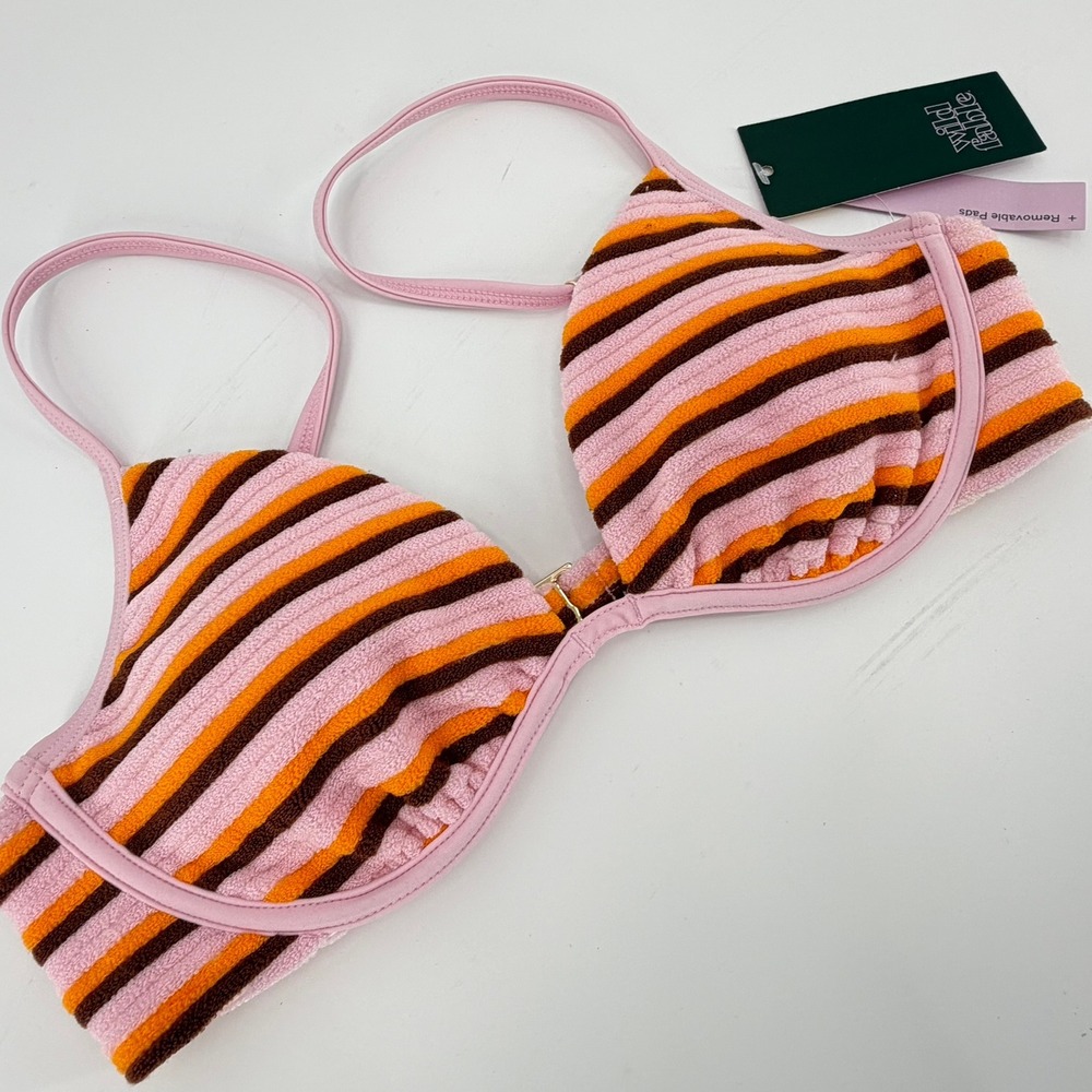 Wild Fable Bikini Top Terry Cloth Striped Modern Women Size S Pink Orange Brown